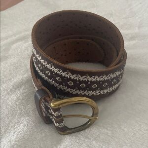 Lucky Brand Brown Belt with White Embroidery and Gold Buckle